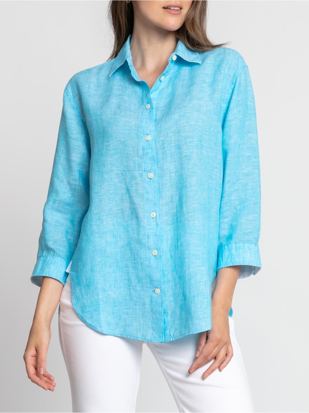 NWT Hinson Wu “Halsey” Linen Button-Down Shirt in Aqua Sz Small